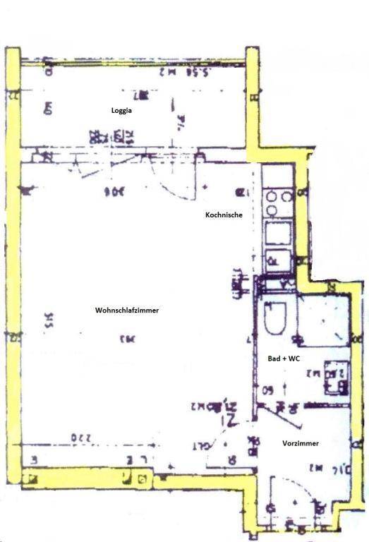 Grundriss einer Wohnung mit Wohnschlafzimmer, Kochnische, Bad und Loggia.