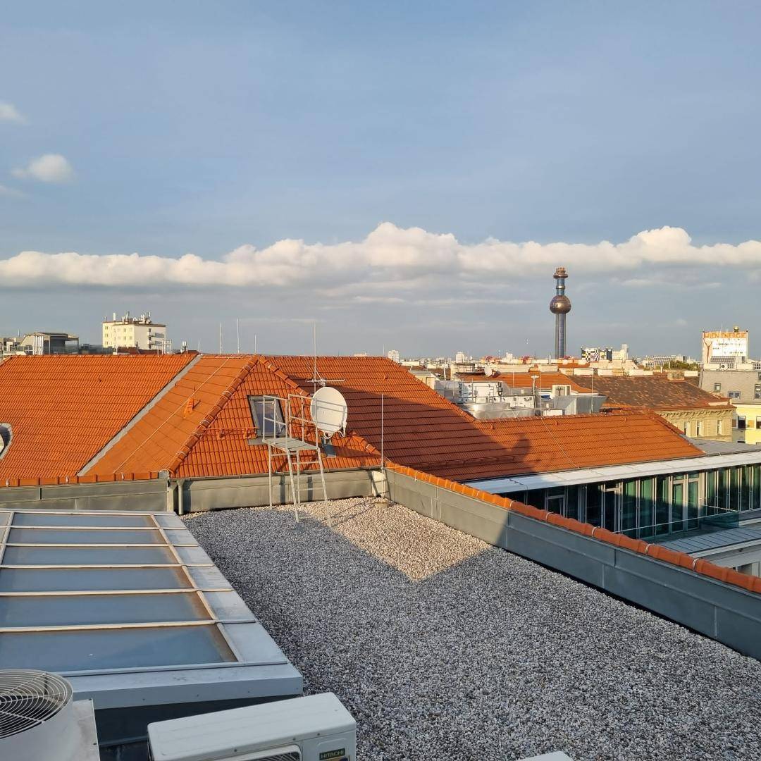 Blick von der Dachterrasse über die Dächer der Stadt mit Fernsehturm im Hintergrund.