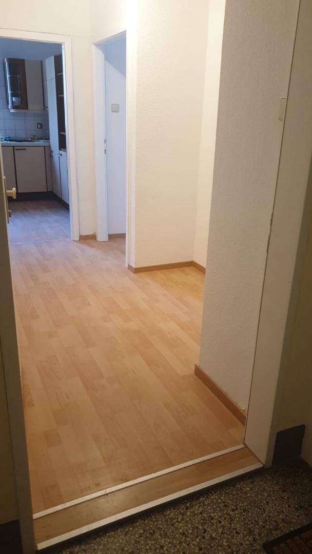 Heller Flur mit Laminatboden, der zu einer Küche und weiteren Räumen führt.