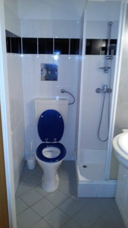 Kleines Badezimmer mit WC, Duschkabine und weiß-blauen Fliesen in funktionalem Design.