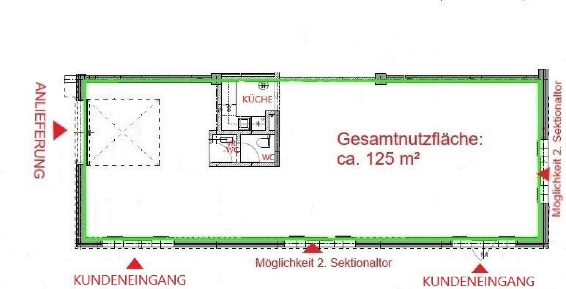 Grundrissplan einer Gewerbeeinheit mit einer Gesamtnutzfläche von ca. 125 m², inklusive Küche und WC.