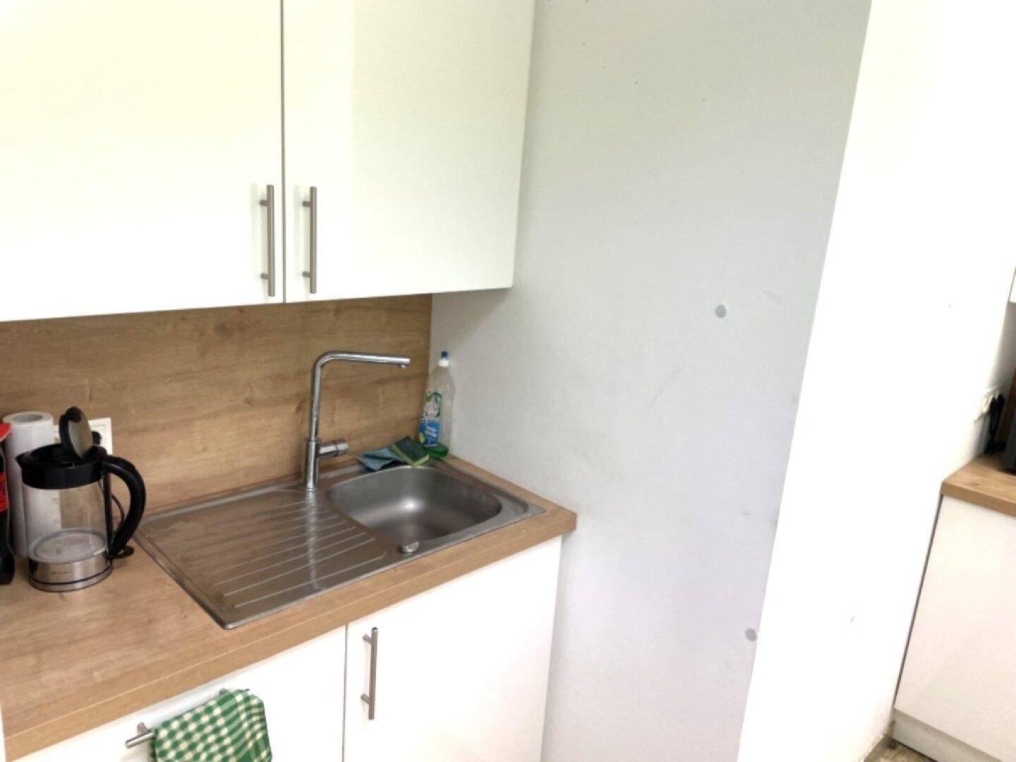 Detailansicht der Küchenzeile mit Edelstahlspüle, Wasserkocher und Holz-Arbeitsplatte.