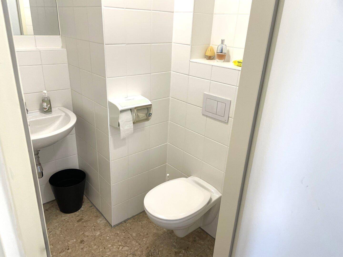 Kleiner Toilettenraum mit weiß gefliesten Wänden, wandmontierter Toilette und Waschbecken.