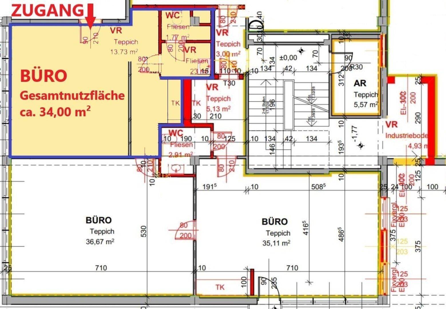 Grundrissplan zeigt Büroräume und Sanitärbereiche mit Gesamtfläche von ca. 34,00 m².