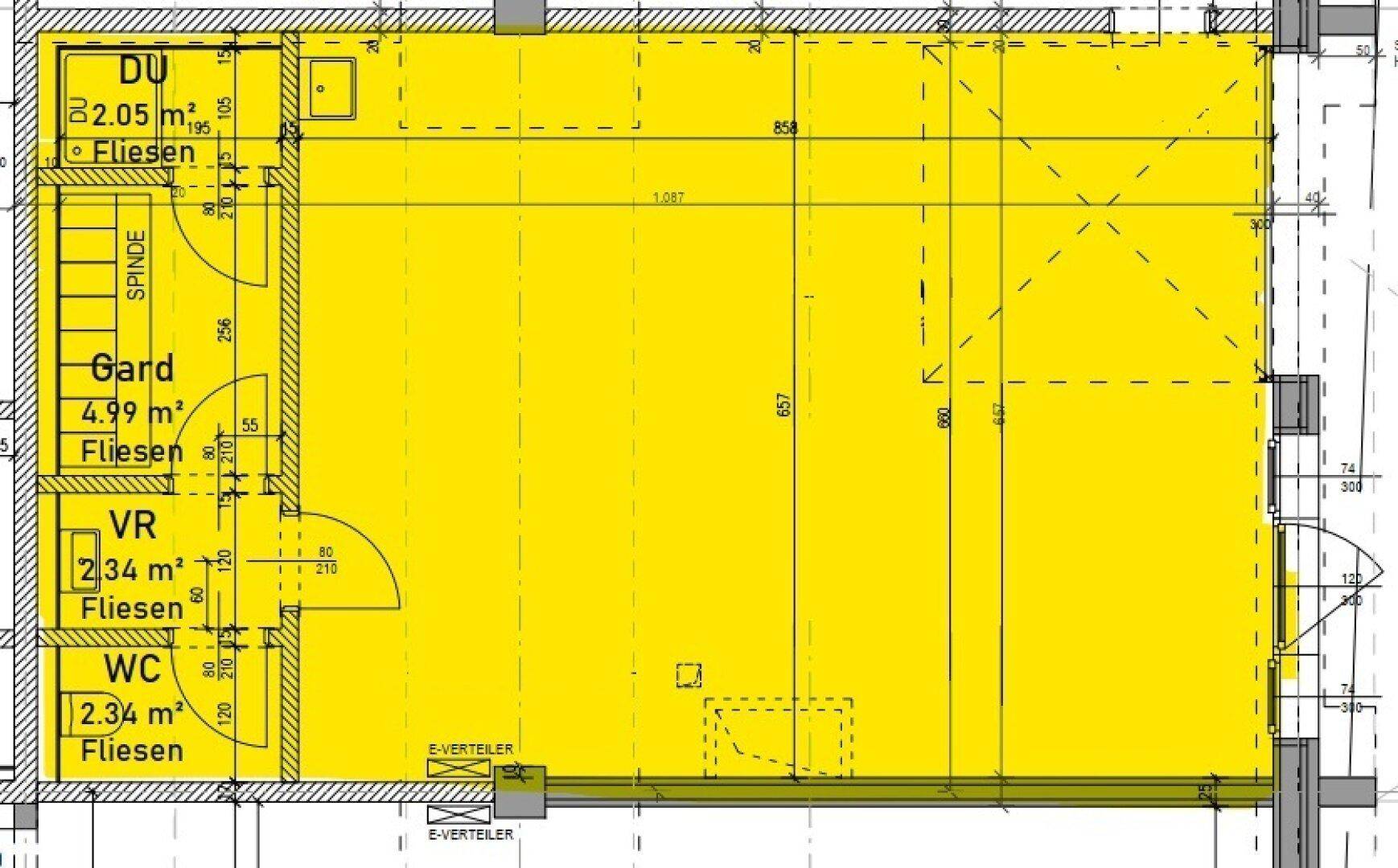Grundriss einer Gewerbefläche mit separaten Bereichen für Dusche, Garderobe und WC.