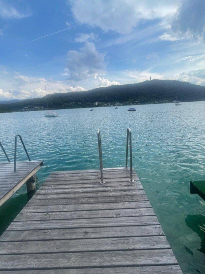 Holzsteg mit Badeleiter am Seeufer, ideal für den direkten Zugang zum klaren Wasser.