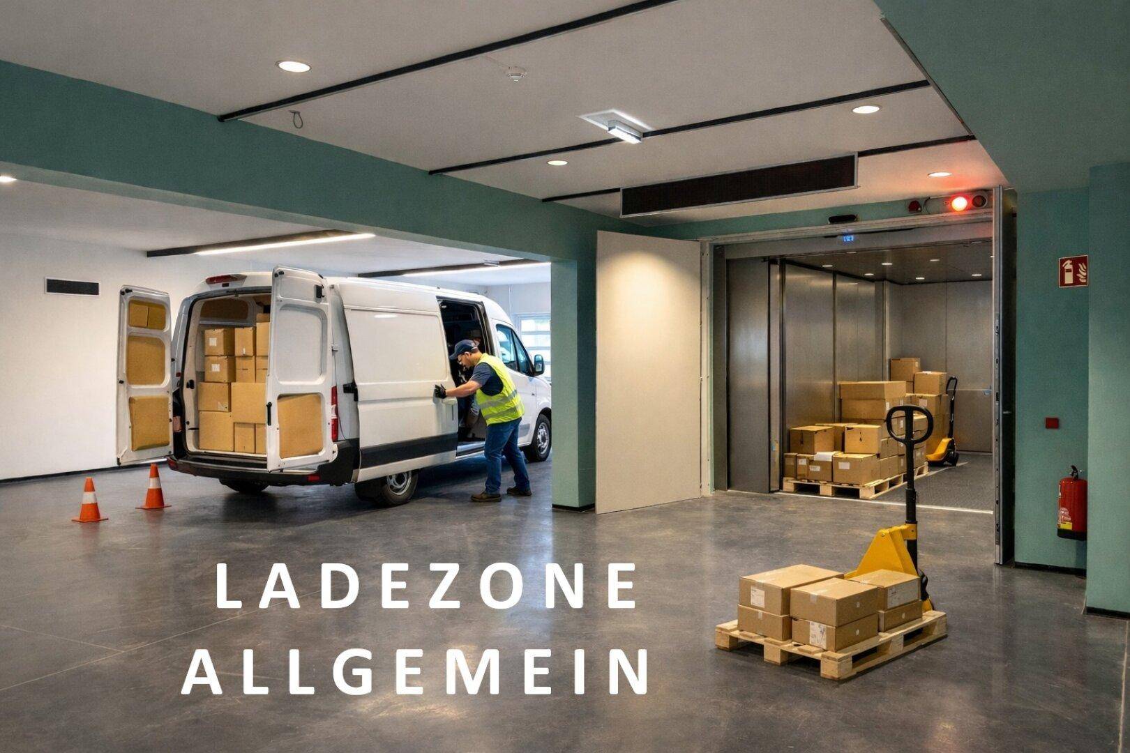 Geräumige Ladezone mit Lieferwagen, Paletten und einem großen Lastenaufzug für effiziente Logistik.