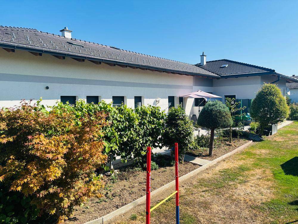 Ansicht des Hauses von der Gartenseite mit üppiger Bepflanzung und gepflegtem Rasen.