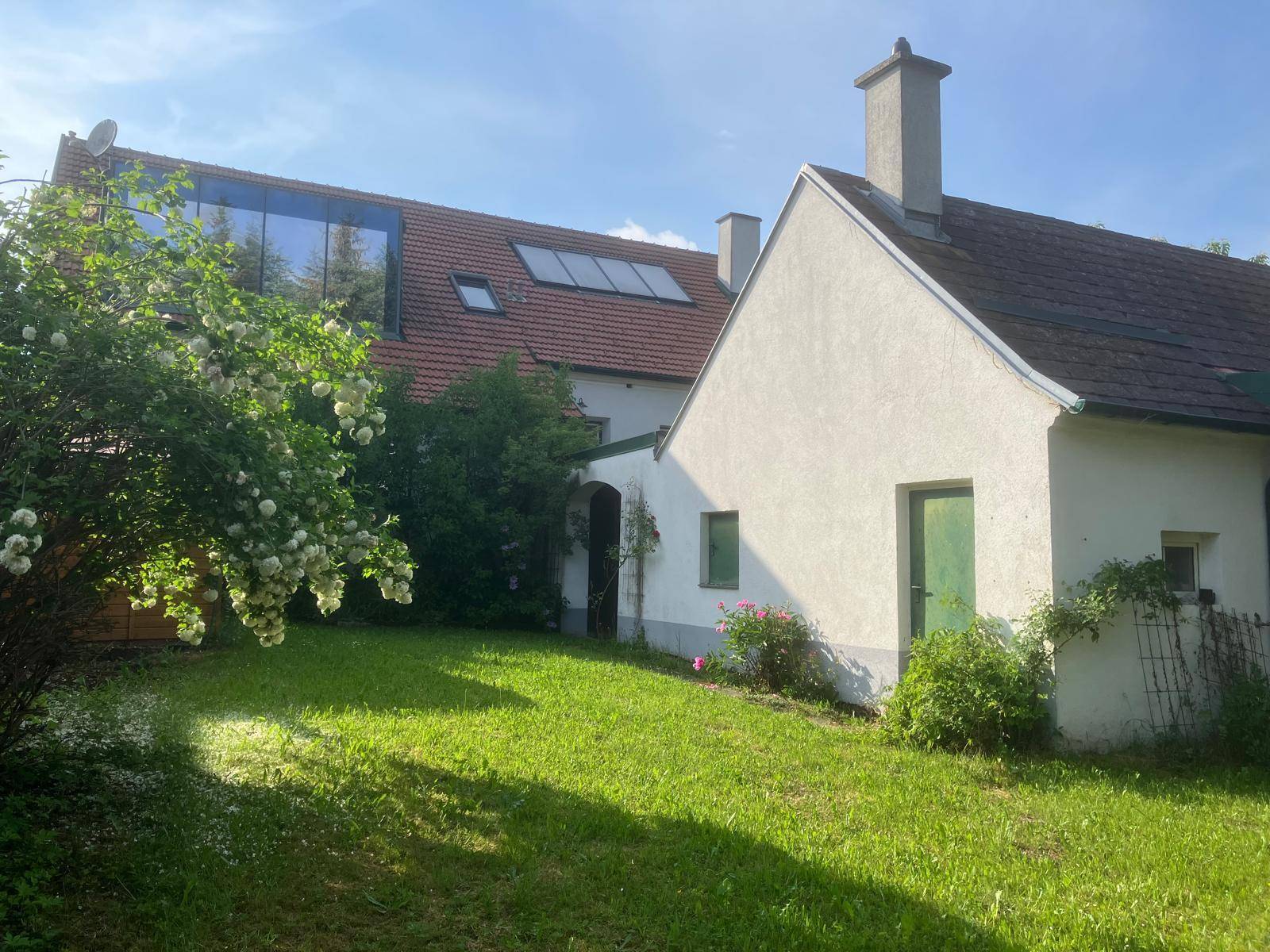 Hinteransicht des Hauses mit weißer Fassade, grüner Tür und modernem Anbau mit Glasfront.