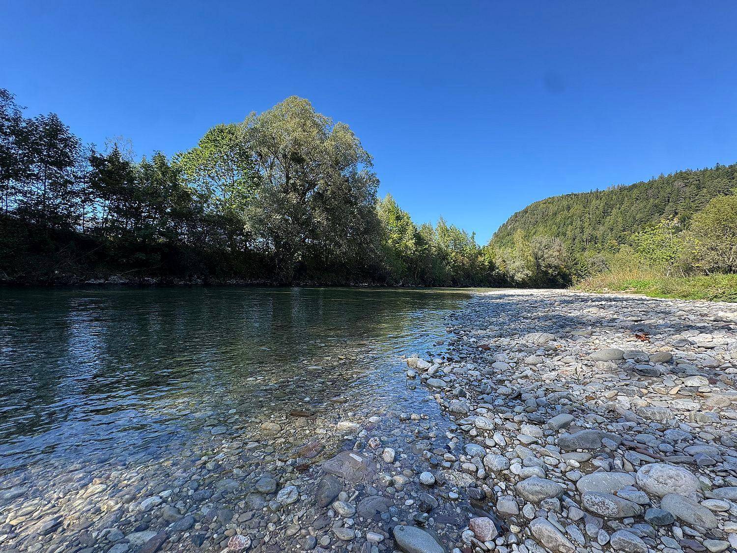 Klarer Fluss mit Kiesufer und bewaldeten Ufern unter strahlend blauem Himmel.