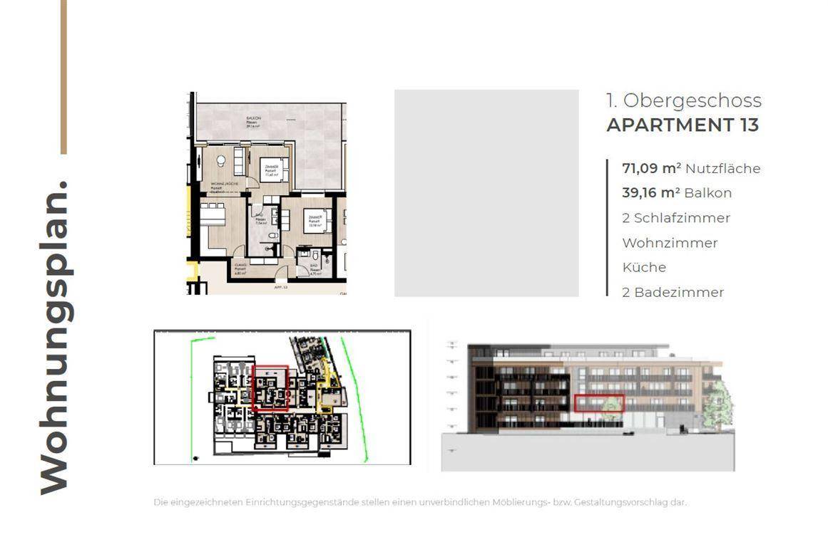Grundrissplan für Apartment 13 im ersten Obergeschoss mit 2 Schlafzimmern und Balkon.