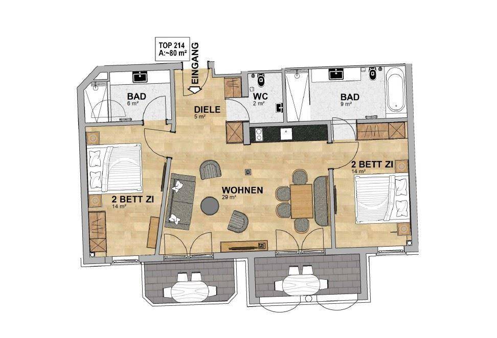 Grundriss einer 80m² Wohnung mit zwei Schlafzimmern, zwei Bädern und Balkonen.