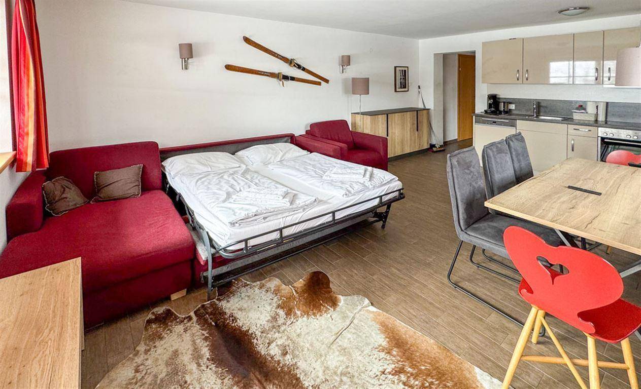 Offener Wohnbereich mit Schlafsofa, Esstisch und integrierter Küchenzeile im Hintergrund.