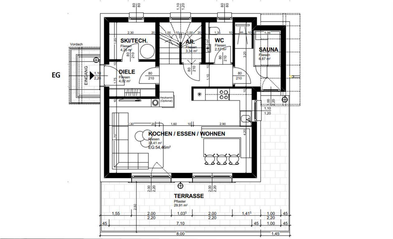 Grundriss des Erdgeschosses mit offenem Wohn-Essbereich, Küche, WC und Sauna.