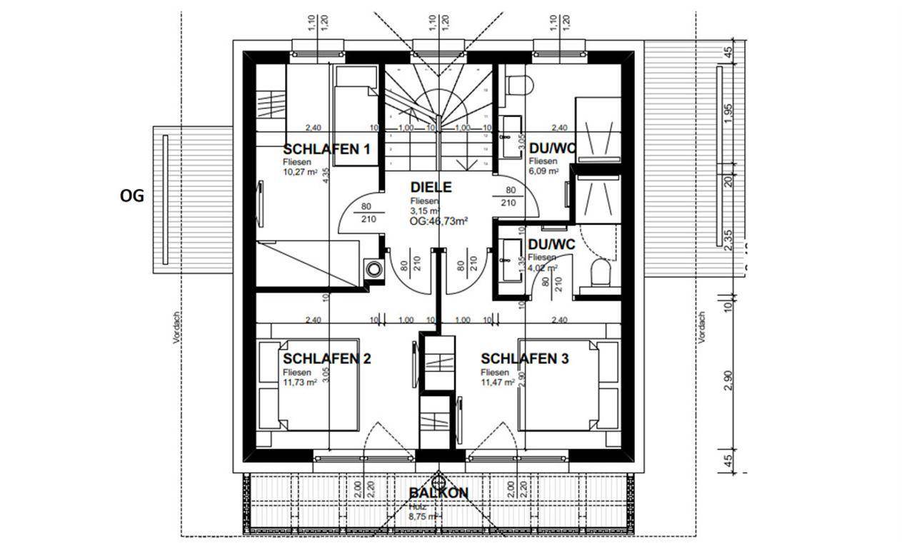 Grundriss des Obergeschosses mit drei Schlafzimmern, zwei Bädern und Balkon.