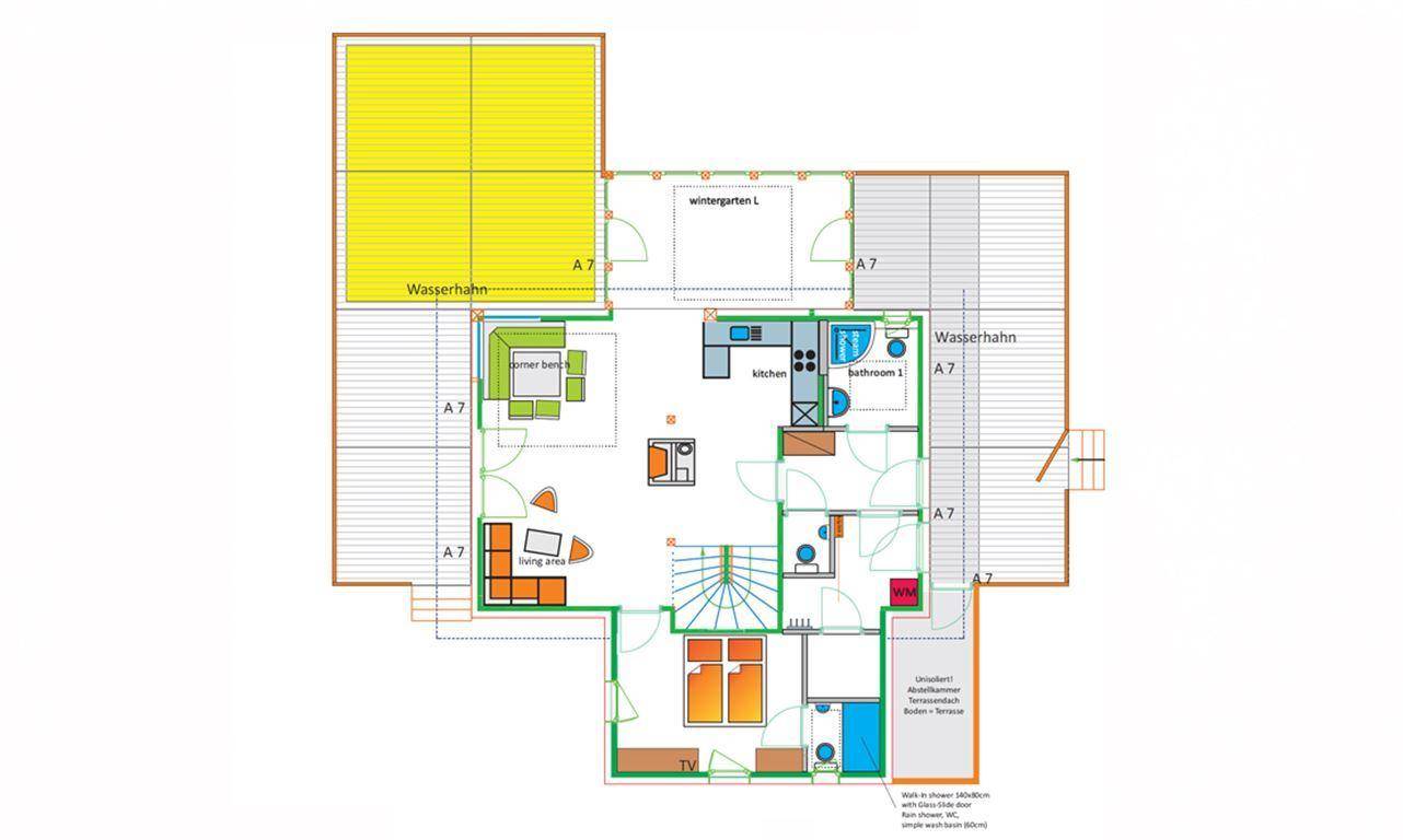 Grundriss des Erdgeschosses mit Küche, Wohnbereich, Bad und Wintergarten.