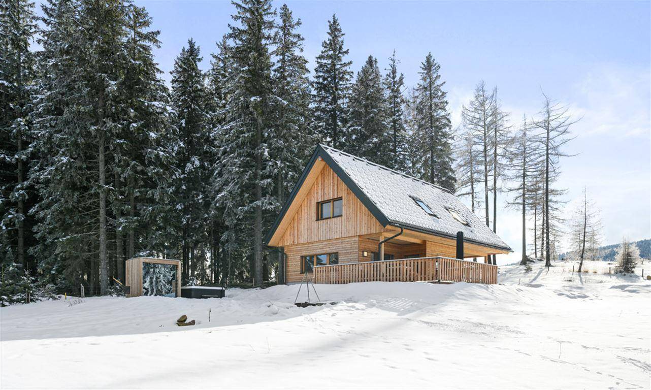 Holzhaus im Winter mit verschneitem Dach, Dachfenstern und Waldkulisse.