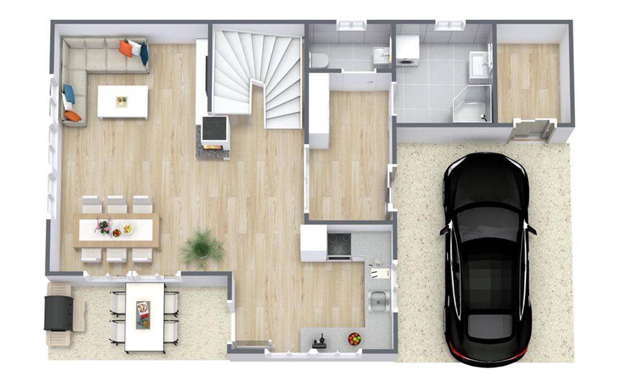 Grundriss des Erdgeschosses mit offenem Wohnbereich, Küche und Badezimmer.