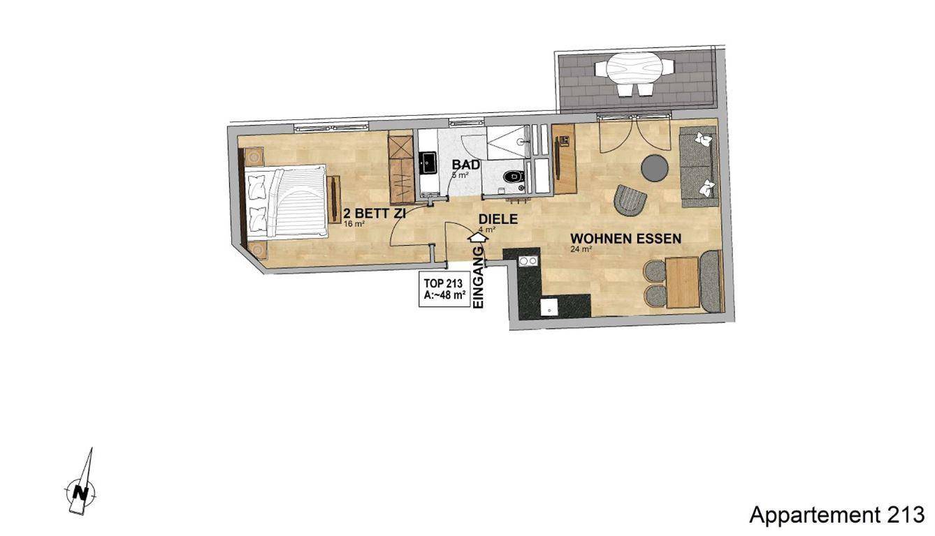 Grundriss eines Apartments mit einem Schlafzimmer, offenem Wohn-Essbereich, Bad und Balkon.