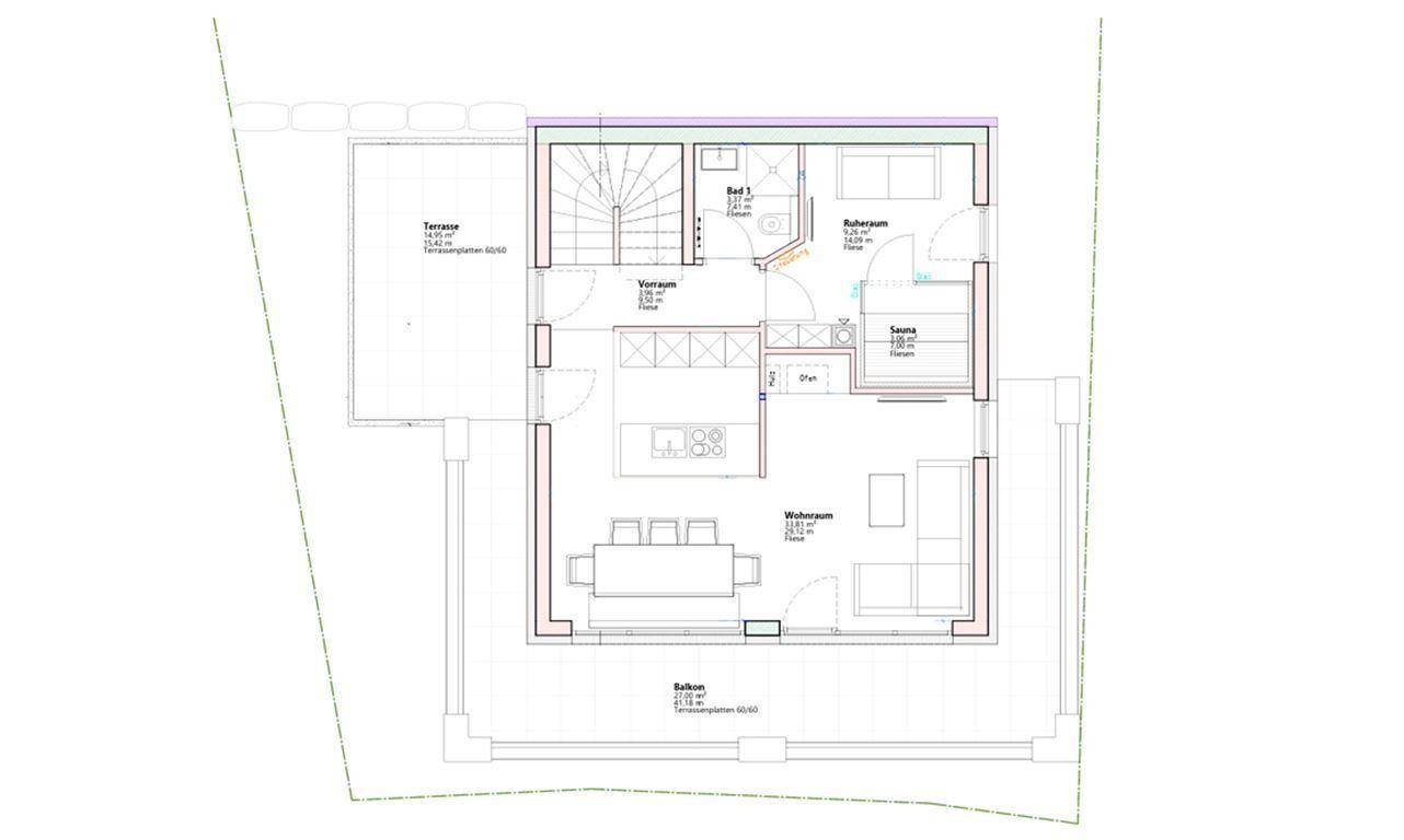 Grundriss des Obergeschosses mit offenem Wohnbereich, Küche, Sauna, Bad, Terrasse und Balkon.