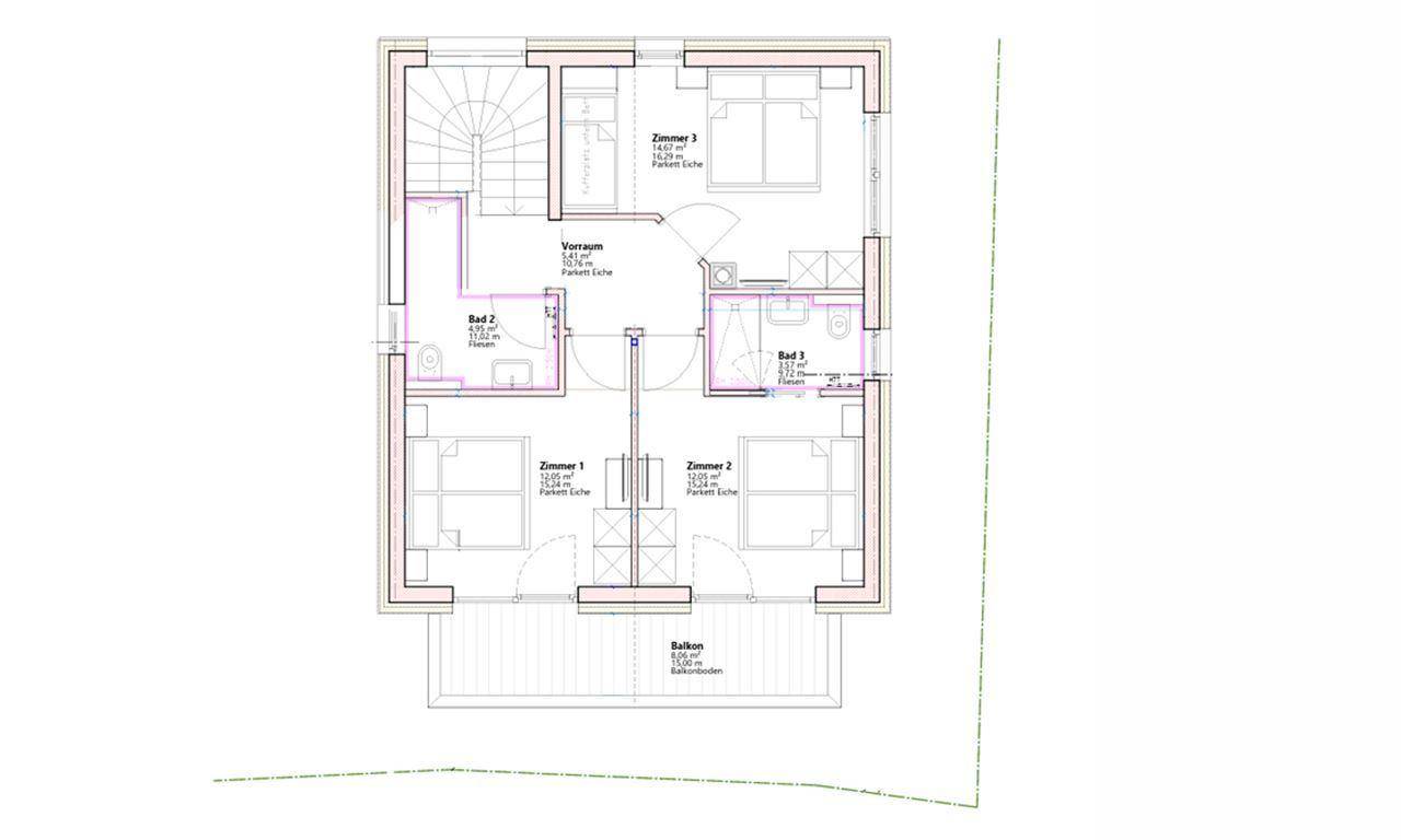 Grundriss des Dachgeschosses mit drei Schlafzimmern, zwei Bädern und einem Balkon.