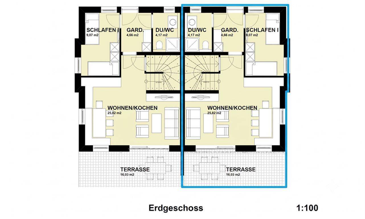 Grundriss des Erdgeschosses mit offenem Wohn-/Kochbereich, Schlafzimmern und Terrasse.
