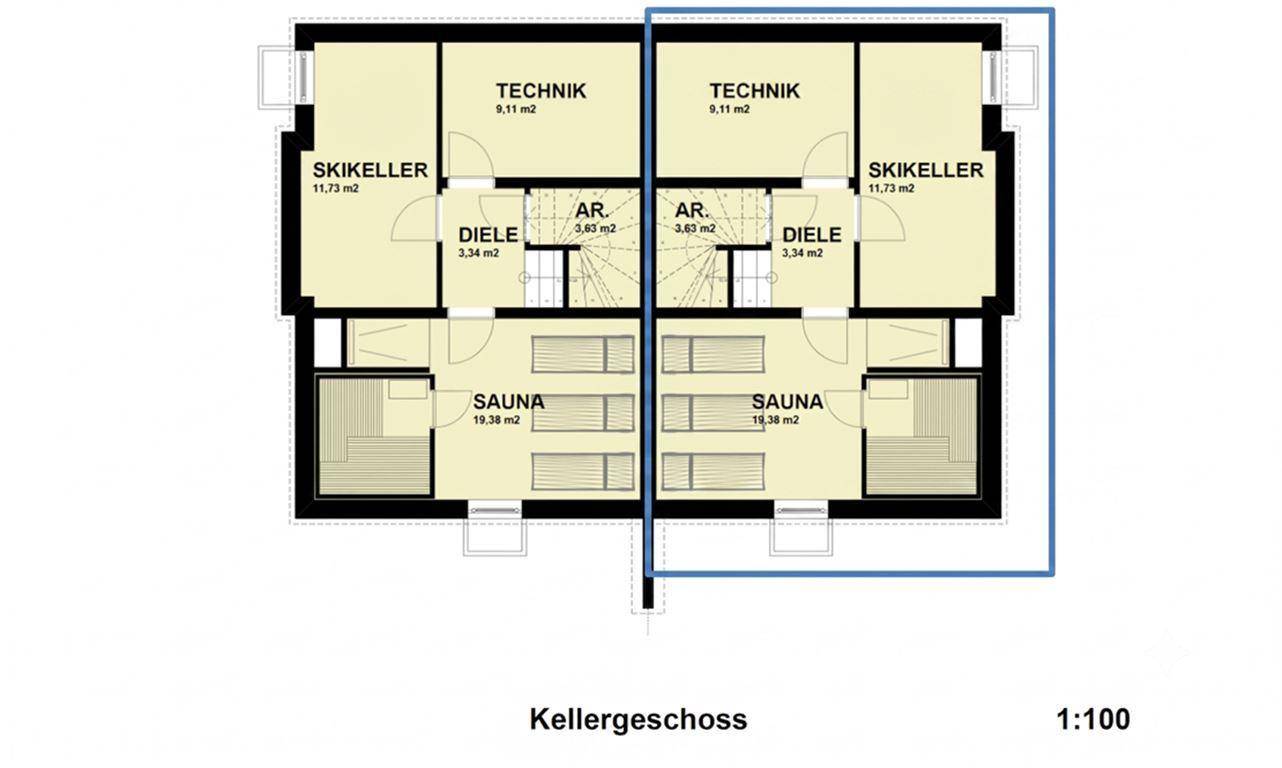 Grundriss des Kellergeschosses mit Skikeller, Technikraum und großzügiger Sauna.