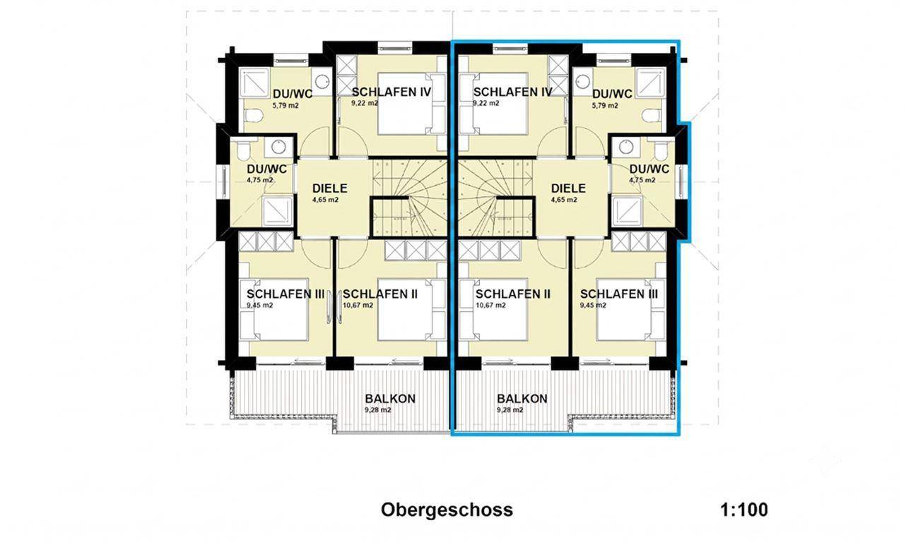 Grundriss des Obergeschosses mit mehreren Schlafzimmern, Bädern und Balkonen.