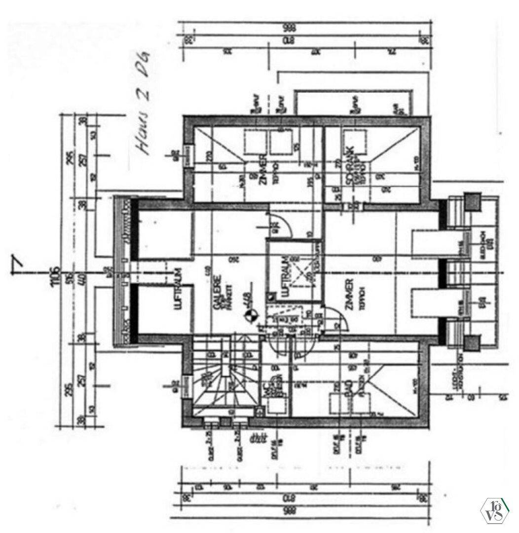 Grundriss des Dachgeschosses von Haus 2 mit Zimmern, Galerie und Luftraum.