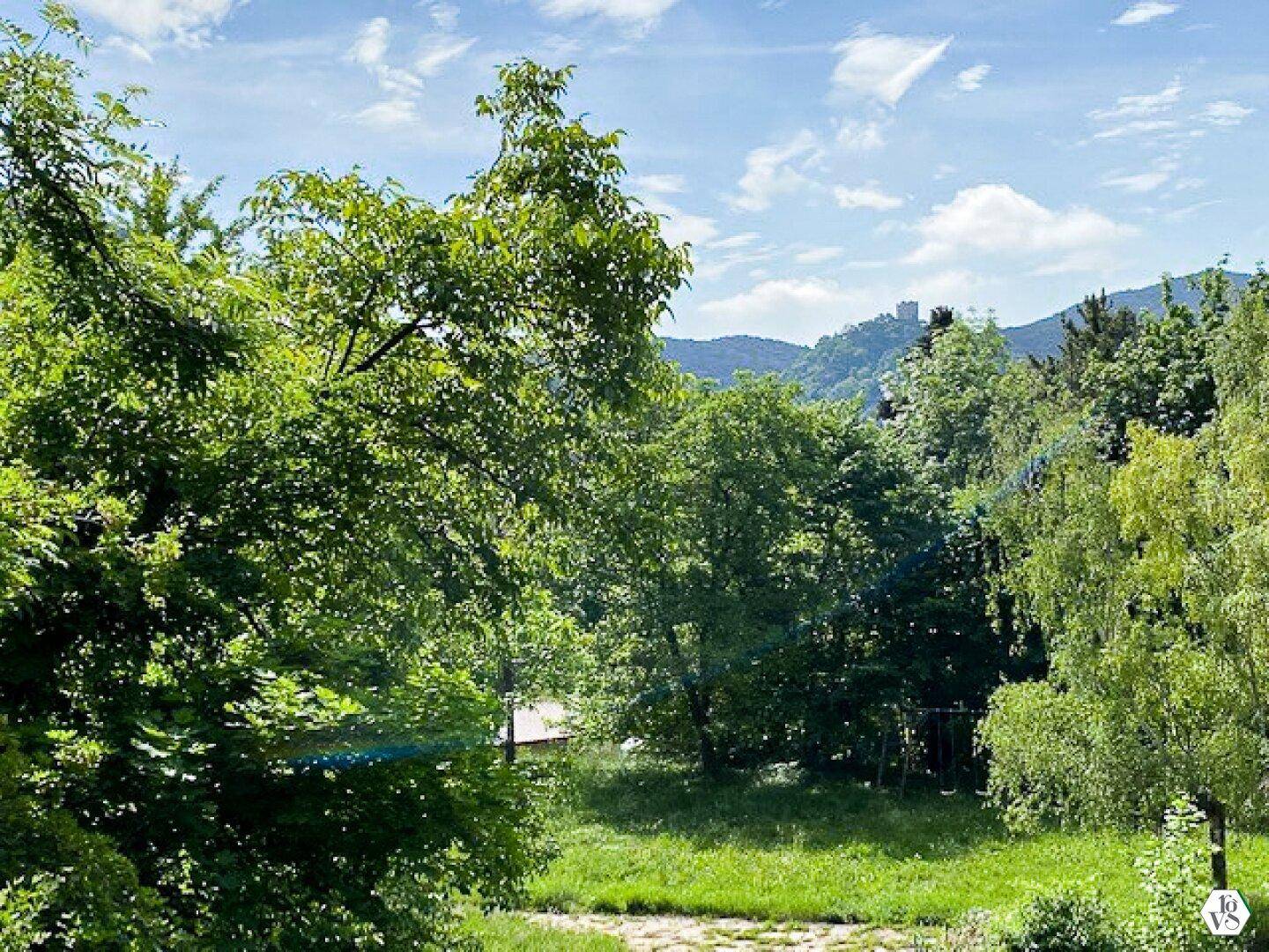 Sonnige grüne Landschaft mit Bäumen und einem entfernten Schloss am Horizont unter blauem Himmel.