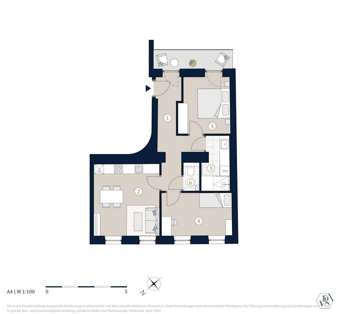Detaillierter Grundriss einer Wohnung mit Balkon, offener Wohnküche und zwei Bädern.