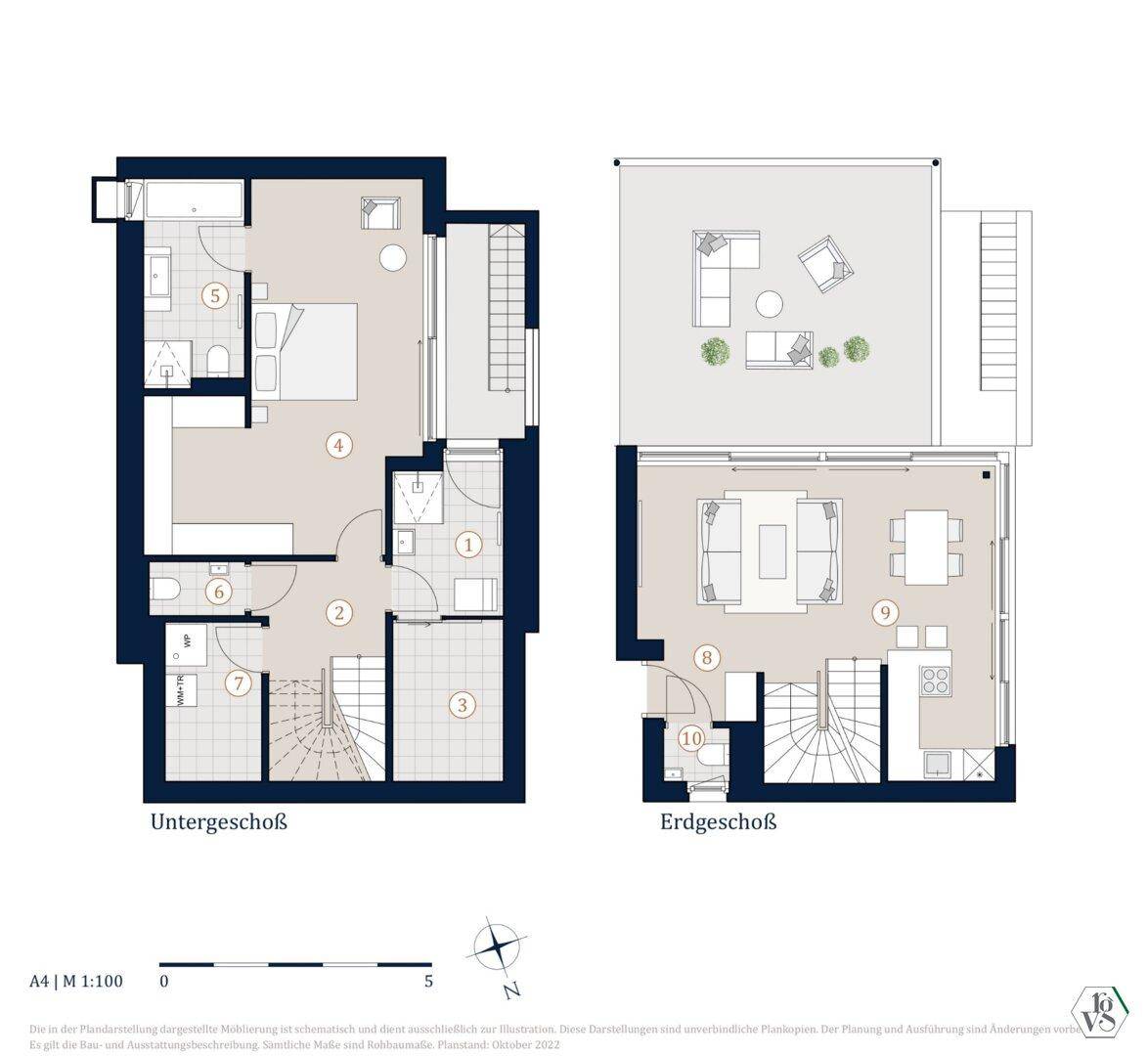 Grundriss des Unter- und Erdgeschosses mit offenem Wohnbereich, Terrasse und Garten.
