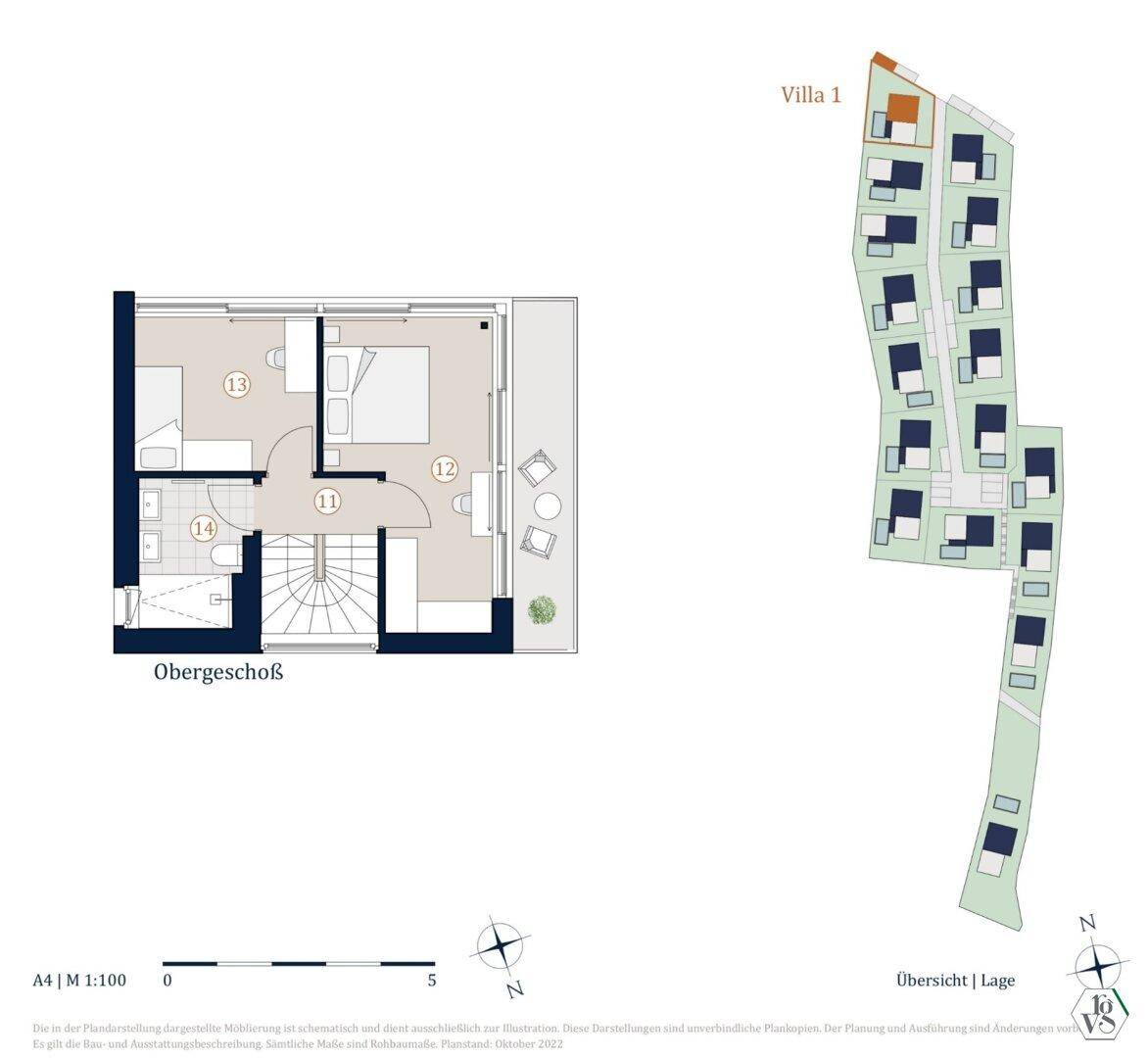 Grundriss des Obergeschosses mit Schlafzimmer, Bad und Balkon sowie Übersicht der Villenanlage.