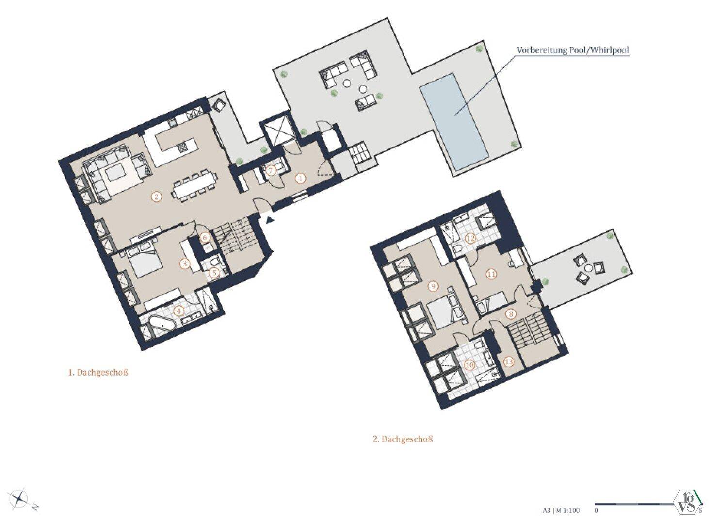 Grundrisspläne für zwei Dachgeschosse mit Wohnbereichen, Schlafzimmern und Poolvorbereitung.