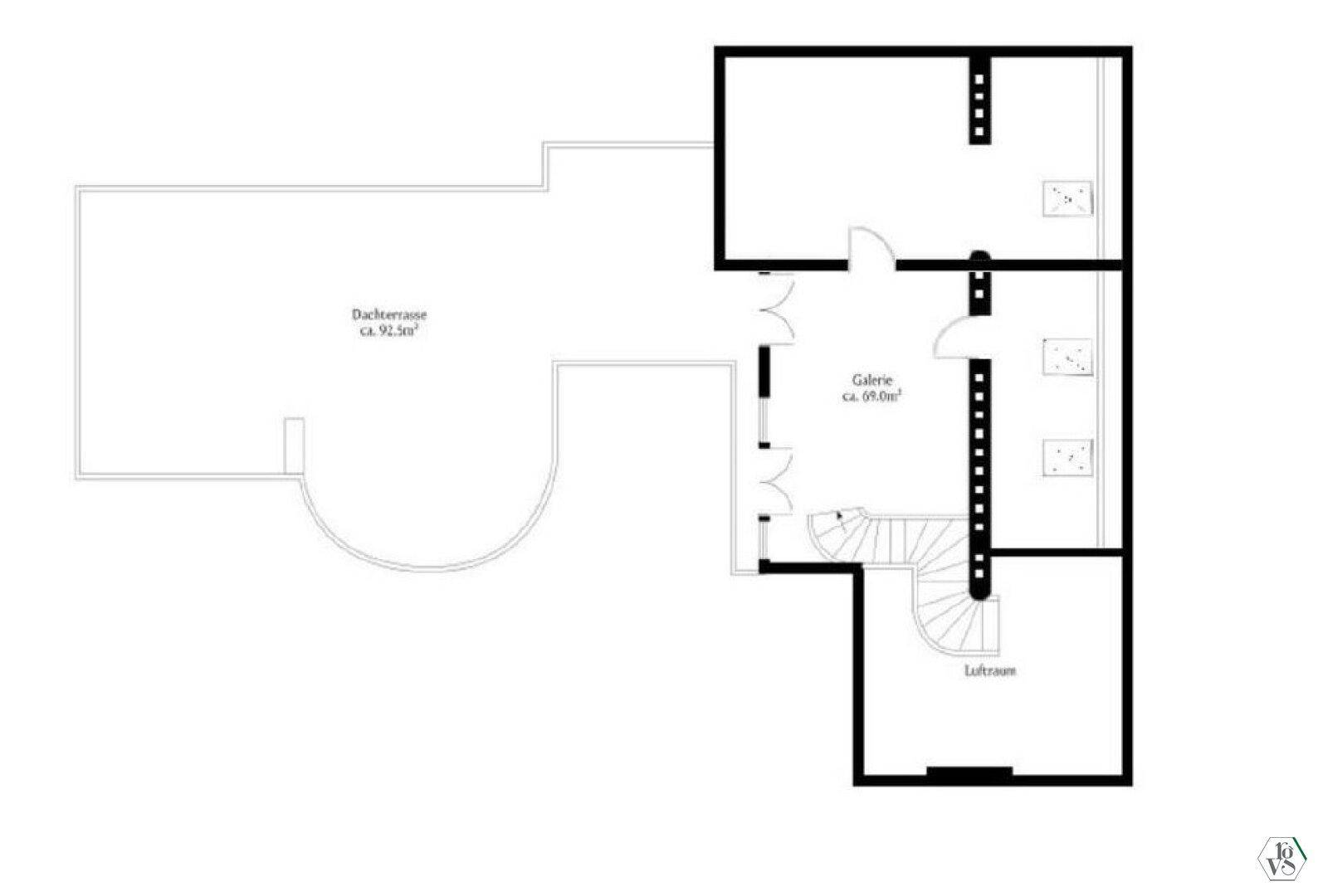 Grundriss des Obergeschosses mit großer Dachterrasse, Galerie und offenem Luftraum.