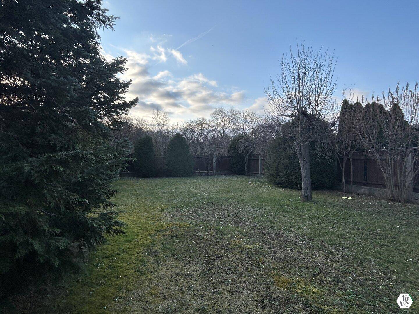 Weitläufiger Garten mit Rasenfläche und verschiedenen Bäumen unter einem weiten Himmel.