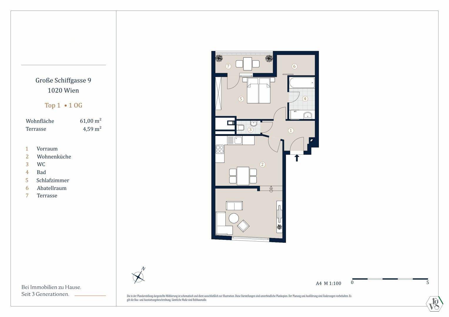 Grundriss einer Wohnung mit 61 m² Wohnfläche und einer 4,59 m² großen Terrasse.