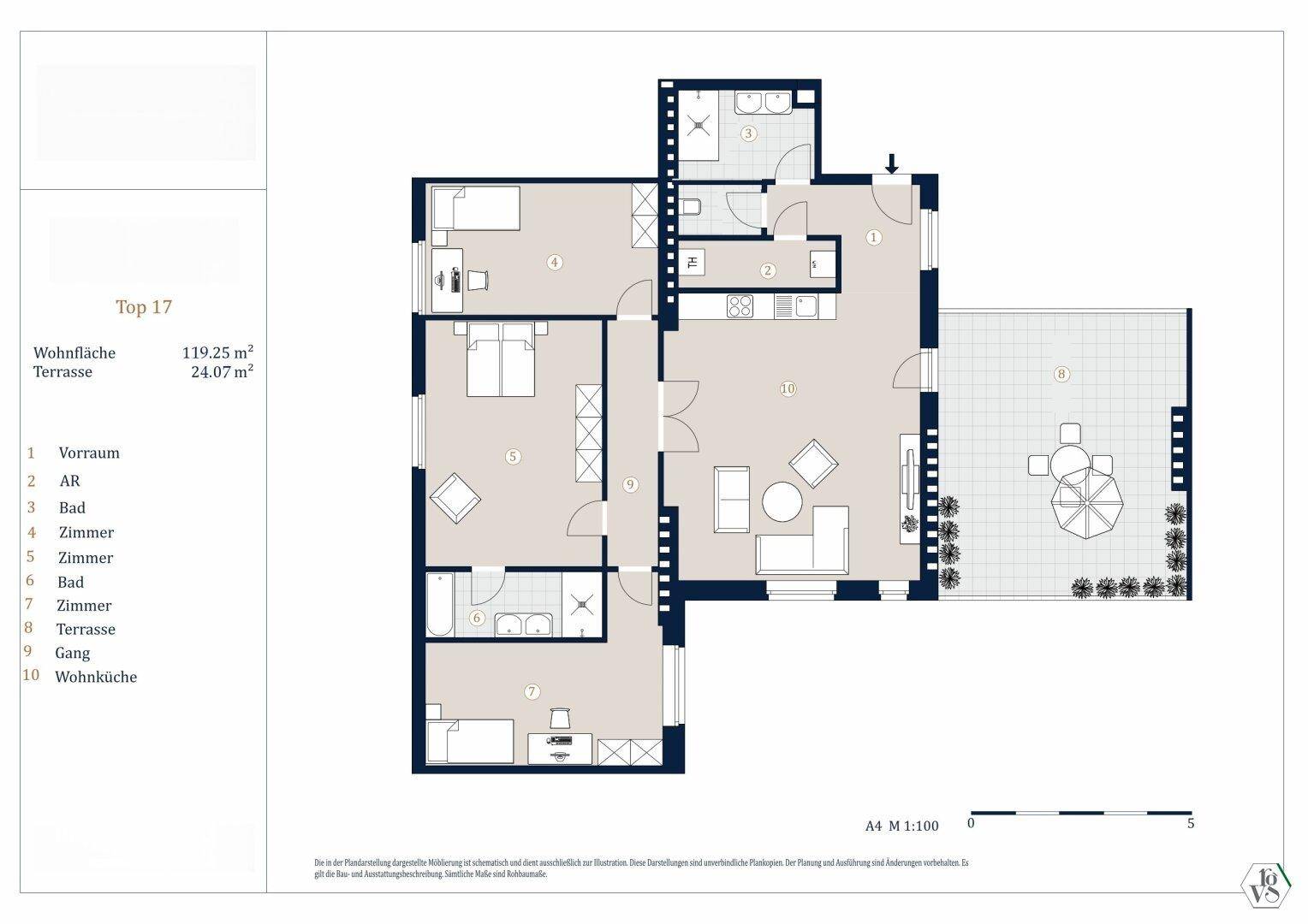 Detaillierter Grundriss der Wohnung mit mehreren Zimmern, zwei Bädern und einer großen Terrasse.