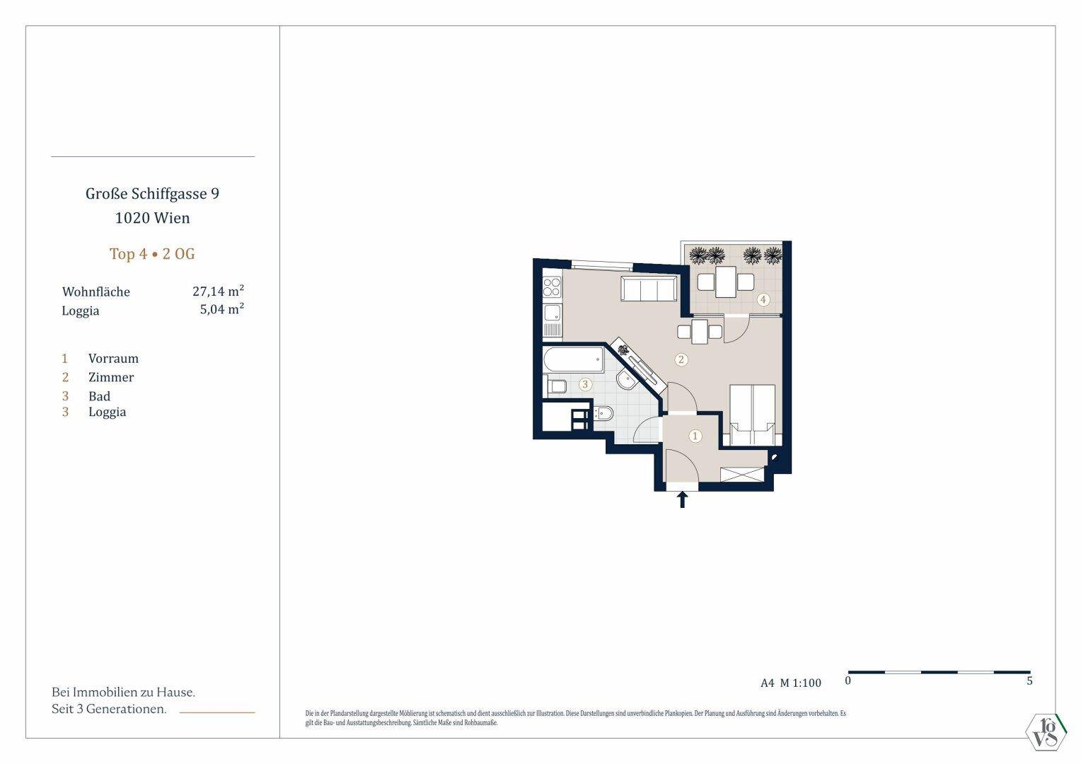 Grundriss einer Wohnung mit 27,14 m² Wohnfläche und 5,04 m² Loggia.