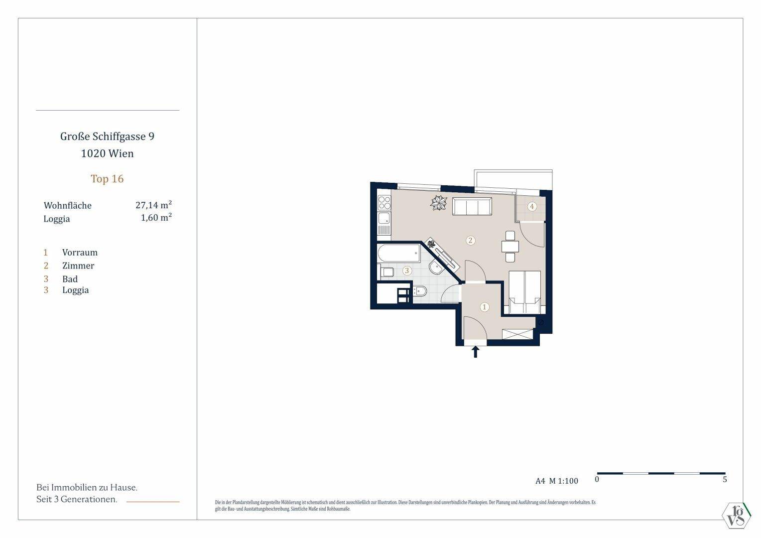 Detaillierter Grundriss einer Wohnung mit Wohnfläche von 27,14 m² und Loggia.