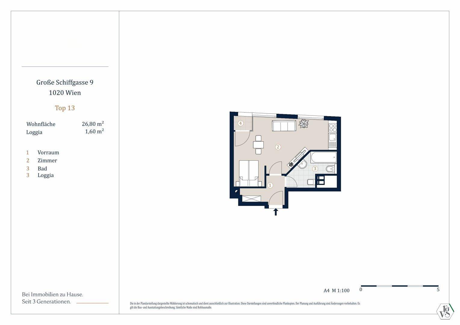 Grundriss der Wohnung Top 13 mit Wohnfläche und Loggia in Wien.