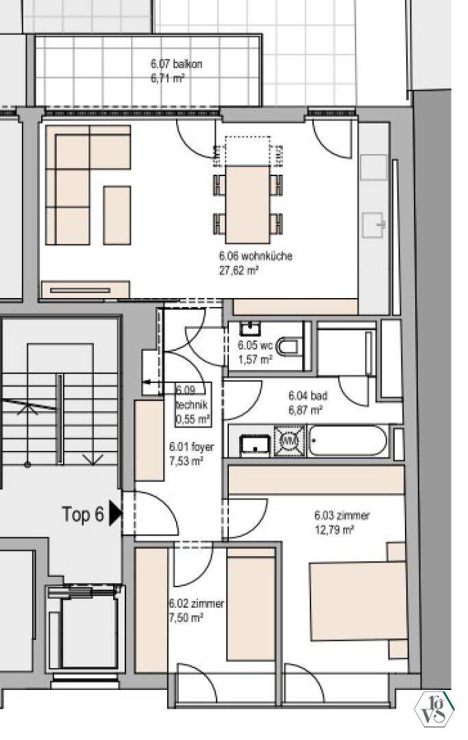Grundriss der Wohnung Top 6 mit Wohnküche, zwei Zimmern, Bad und Balkon.
