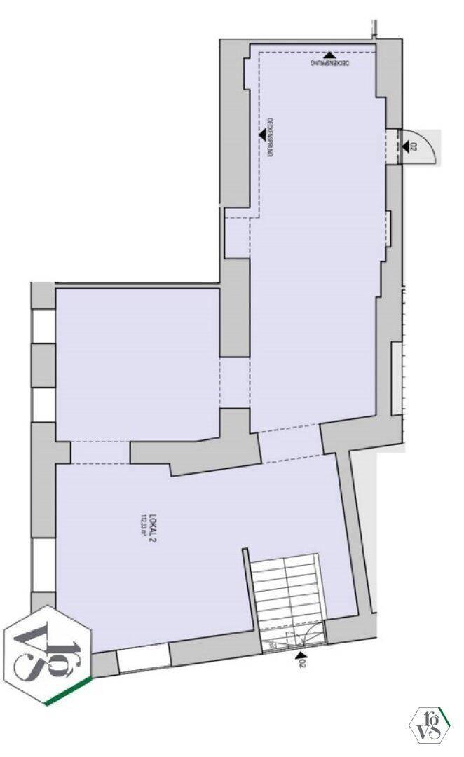 Grundrissplan zeigt zwei separate Bereiche, darunter ein 102m² großes Lokal und Lagerräume mit Treppenzugang.