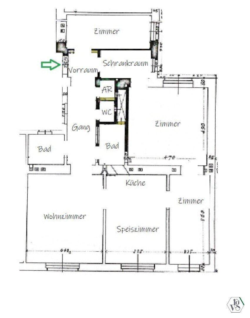 Grundriss der Wohnung mit mehreren Zimmern, Küche, Bad und separatem WC.