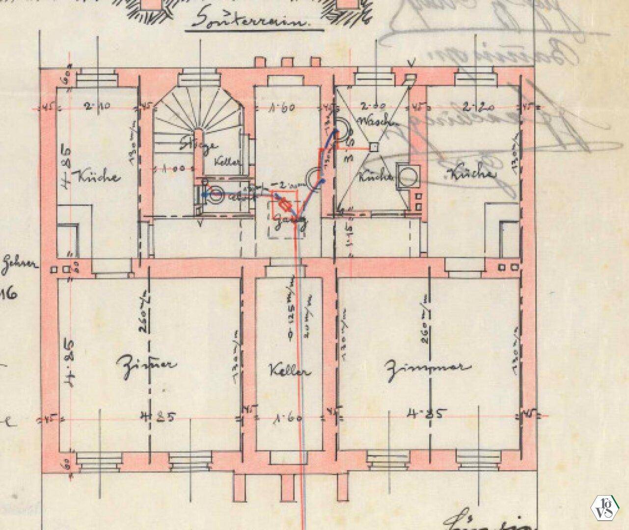 Historischer Grundriss des Souterrains mit Kellerräumen, Küchen und einem Treppenaufgang.