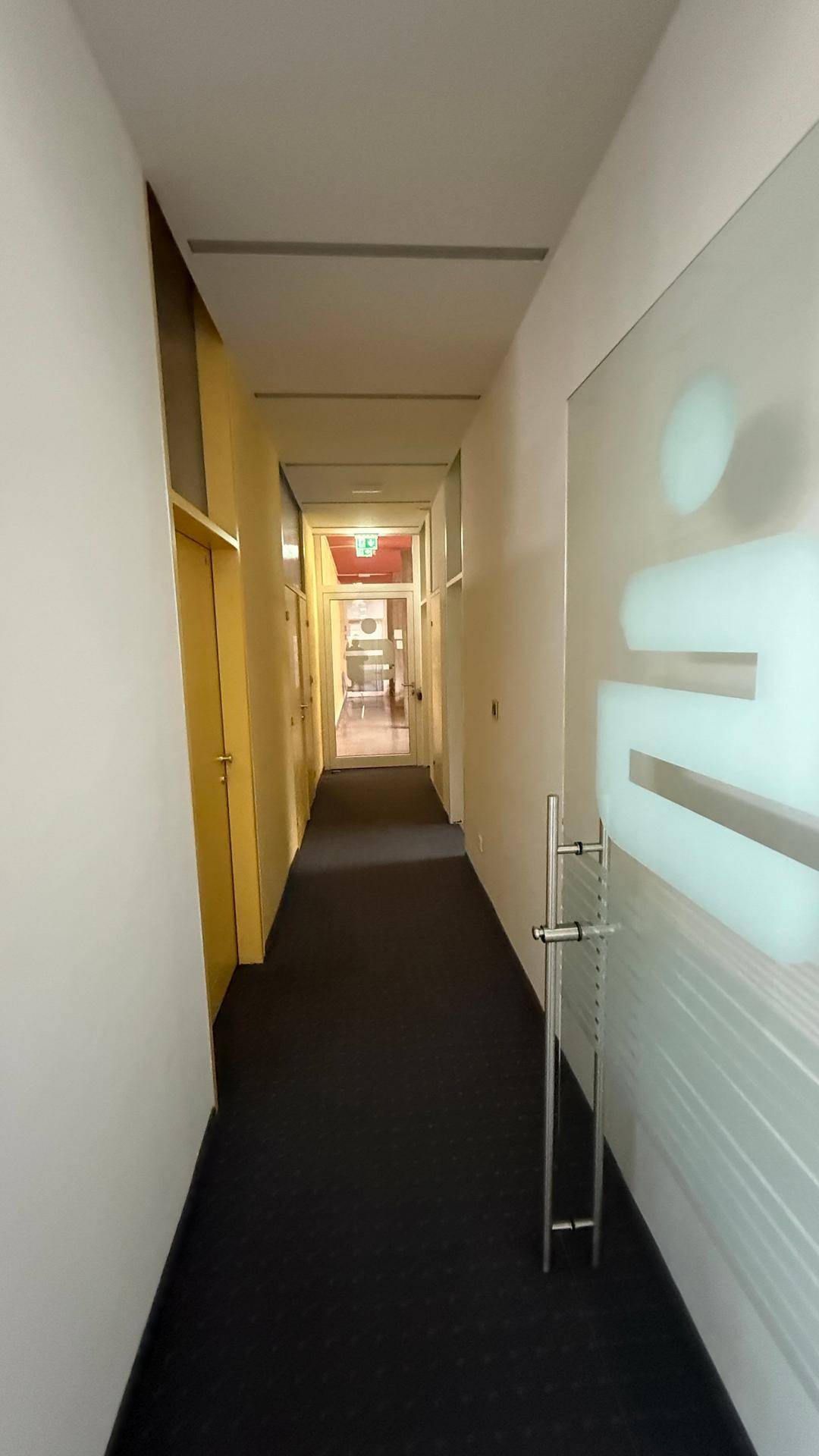 Langer, heller Flur mit Teppichboden und Glastür, der zu weiteren Büroräumen führt.