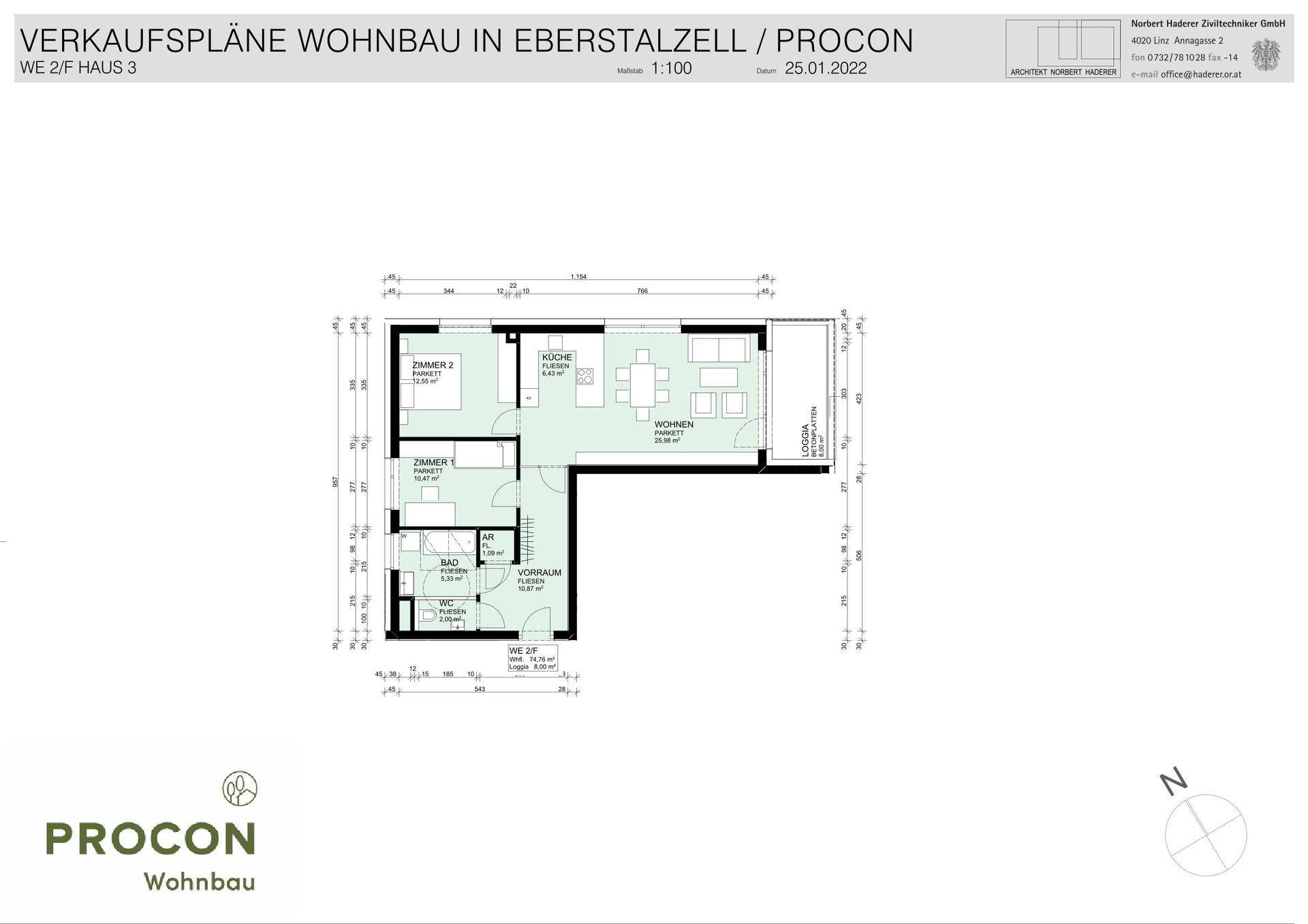 Grundrissplan einer Wohnung mit Wohnbereich, Küche, zwei Zimmern und Loggia.