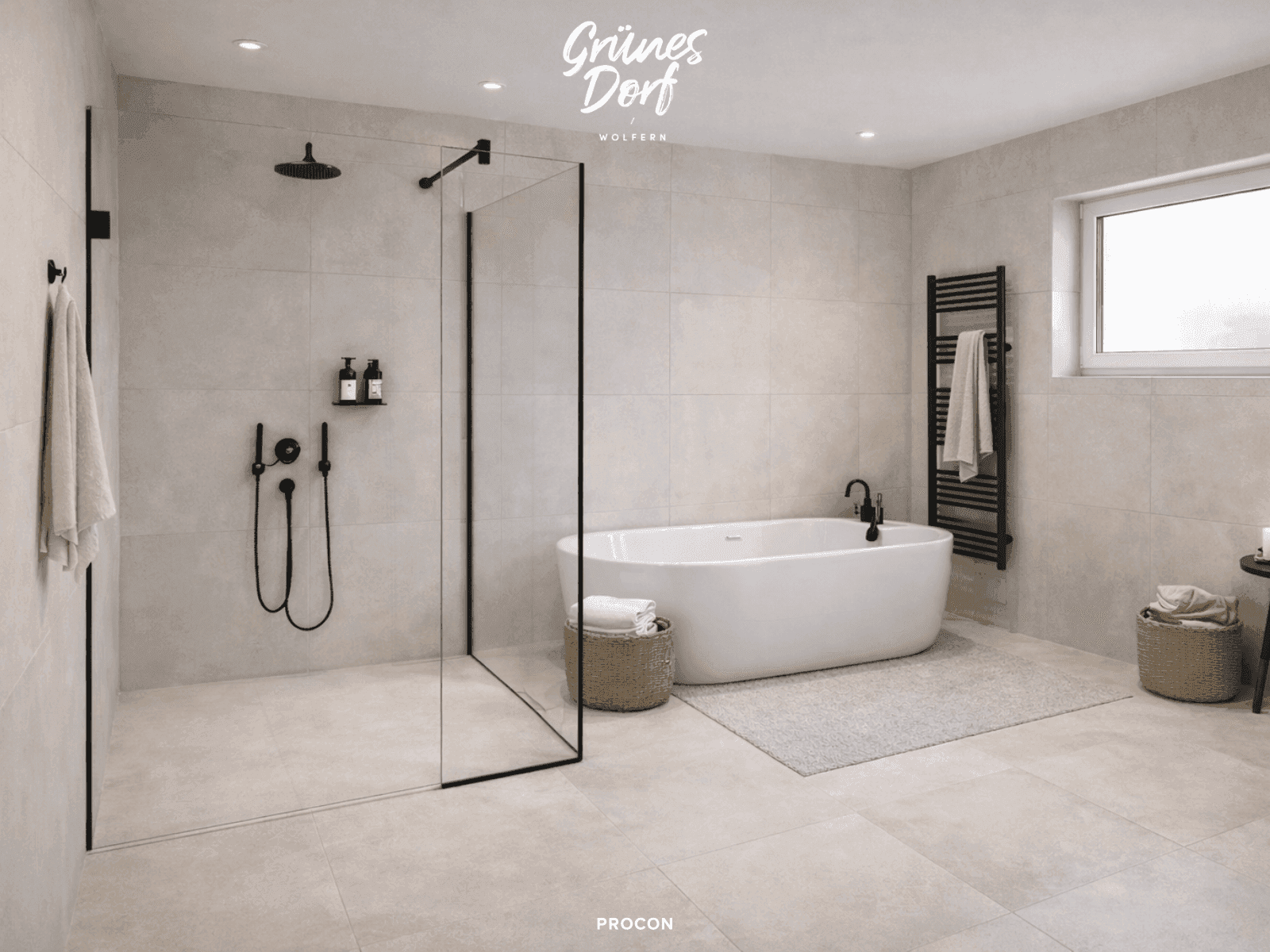 Modernes Badezimmer mit freistehender Badewanne, großer begehbarer Dusche und Fenster.