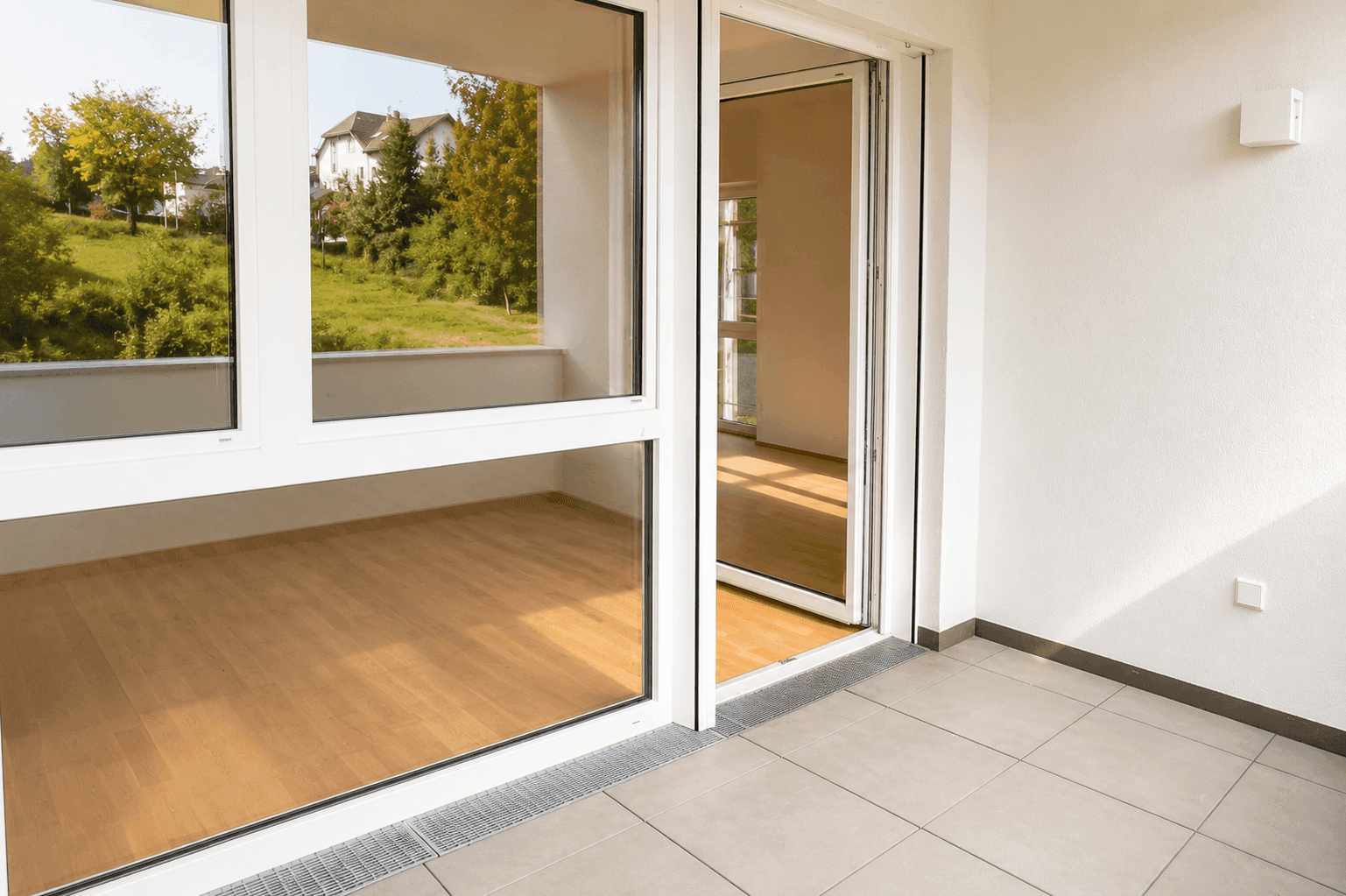 Heller Balkon mit Fliesenboden und Blick auf die grüne Umgebung.