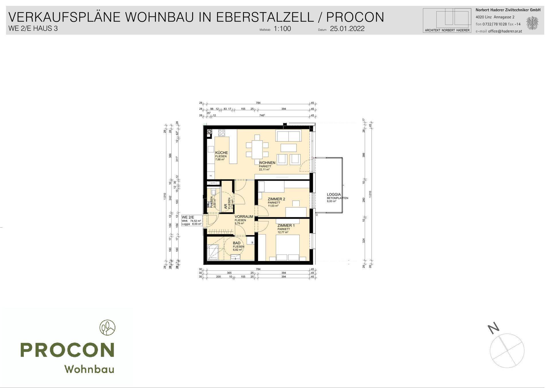 Grundrissplan einer Wohnung mit offenem Wohnbereich, zwei Zimmern, Bad, WC und Loggia.